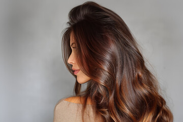 Portret kobiety z długimi brązowymi włosami, naturalny blask