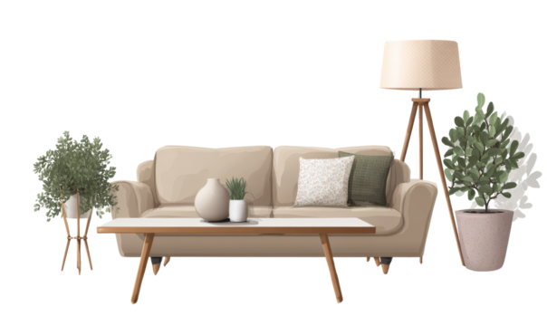 Stylishly Designed Living Room Scene Featuring a Comfortable Beige Sofa, Elegant Coffee Table, and Decorative Plants Against on transparent background