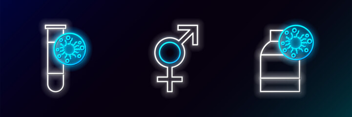 Set line Bottle with virus, Test tube and Gender icon. Glowing neon. Vector