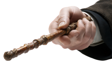 Hand Holding Ornate Wooden Wand Against Black Background
