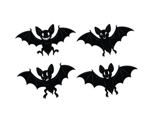 Four cartoon black silhouette bats with wide wings spread in flight against a white background for halloween