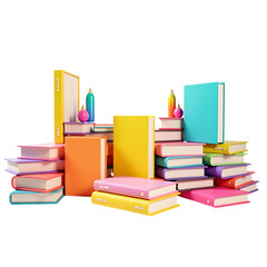 Stack of colorful books and pens isolated on transparent background
