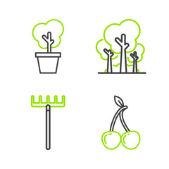Set line Cherry, Garden rake, Trees and in pot icon. Vector
