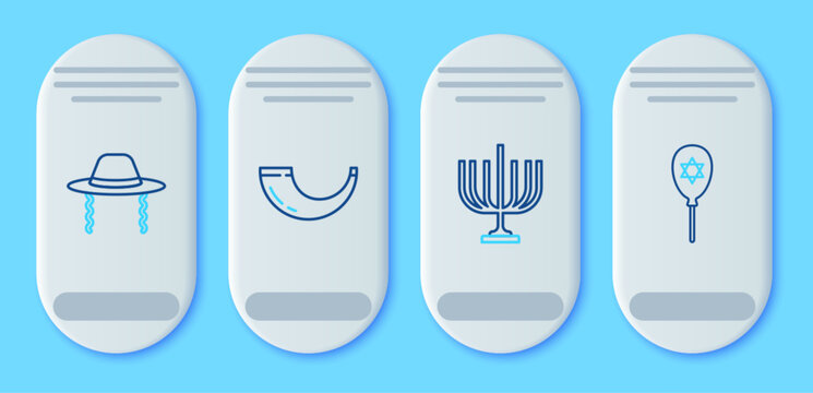 Set line Traditional ram horn, shofar, Hanukkah menorah, Orthodox jewish hat and Balloon with star david icon. Vector