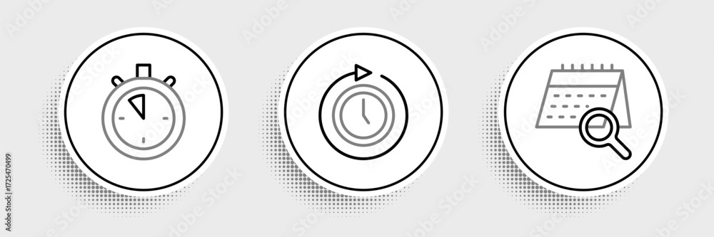 Poster set line calendar search, stopwatch and clock with arrow icon. vector