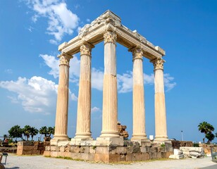 Fototapeta premium Ancient stone temple ruins with four columns under a bright sky