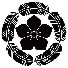 家紋です。五つ鷹の羽丸に桔梗といいます。