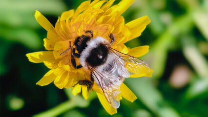 Bumblebee is actively pollinating a wildflower in a lush meadow