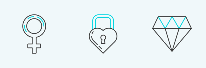 Set line Diamond, Female gender symbol and Castle in the shape of heart icon. Vector