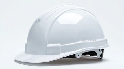 Fototapeta premium A white construction helmet is positioned on a smooth surface, reflecting light. This safety gear is essential for workers on construction sites, promoting safety