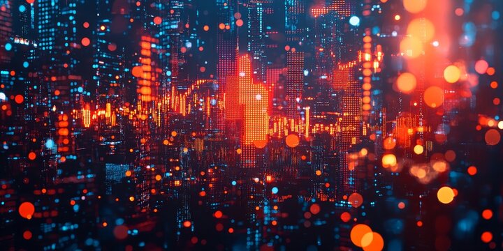 Stock Market Analysis with Financial Data Display, Trend Lines, and City Lights Bokeh Effect