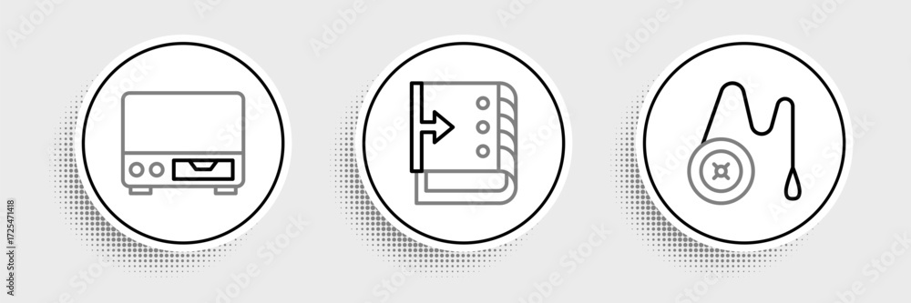 Aufkleber set line yoyo toy, old video cassette player and sound mixer controller icon. vector