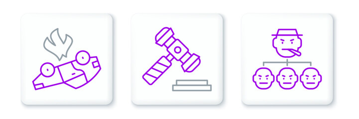 Set line Mafia, Burning car and Judge gavel icon. Vector