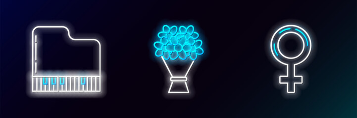 Set line Female gender symbol, Grand piano and Bouquet of flowers icon. Glowing neon. Vector
