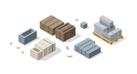 Isometric construction materials set on white background