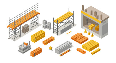 Construction site equipment isometric design featuring scaffolding and materials