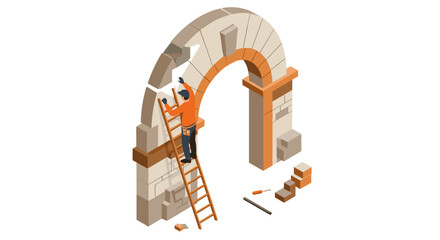 Builder fixing ancient stone arch in isometric style with tools and ladder