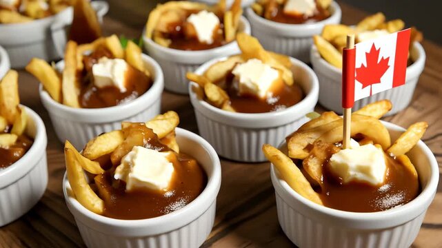 Cinematic video of Canadian poutine in small ramekins with fries, gravy and cheese curds, Canadian flag waving gently with steam rising, traditional comfort food from Canada on rustic wooden table