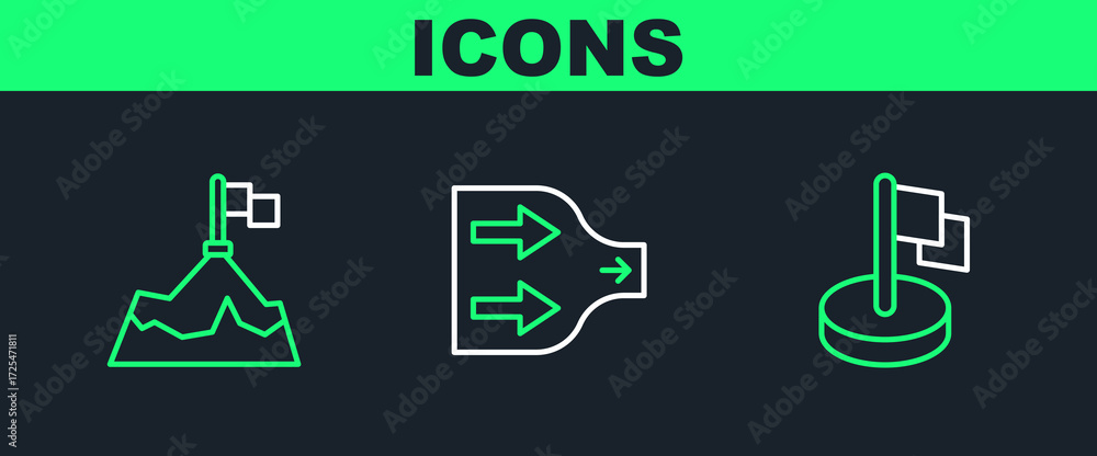 Poster set line flag, mountains with flag and arrow icon. vector