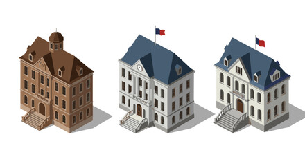 Isometric classic buildings set with flags and architectural elements