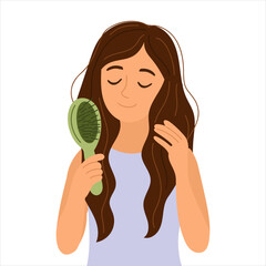 Hair brushing illustration — woman with long brown hair using hairbrush, girly girl routine concept, beauty clipart for self care design, daily haircare routine, spa and salon graphics.
