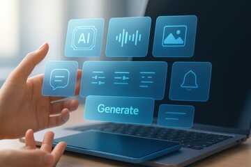 Laptop with floating AI generation icons and digital interface