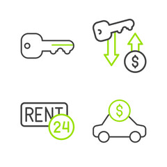 Set line Car rental, Rent, key and House icon. Vector