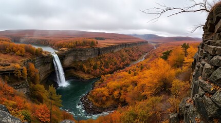 High angle perspective, waterfall scenery, warm autumn colors, earthy and cozy, elevated view looking down