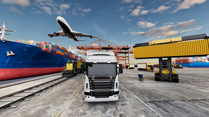 Multimodal transport with cargo ship truck train and airplane at port