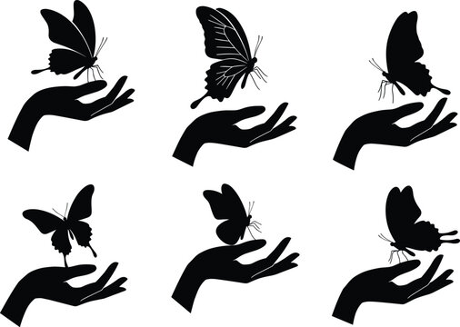 Hand with butterfly silhouette, gentle touch, black design, nature interaction, freedom icon, delicate moment, vector art, graceful pose, poetic theme, flight gesture