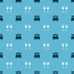 Set Bedroom and Glass of champagne on seamless pattern. Vector