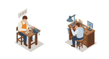 Isometric workshop scenes: craftsman and jeweler in creative workspaces