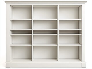 A blank, white cabinet with shelves is shown as a 3D image. It could be used in a kitchen, office, or shop to display items. It's like a simple bookshelf or storage for any room.
