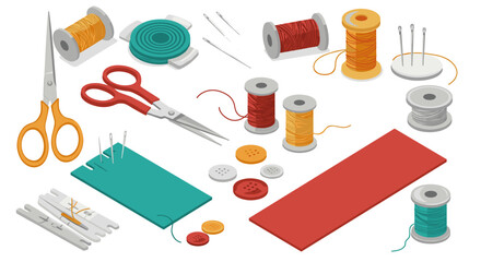Sewing tools set with scissors, threads, needles, and buttons in isometric style