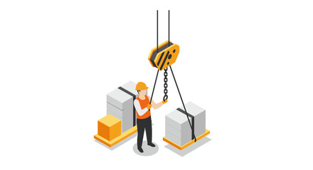 Construction worker operating crane hook for heavy load lifting