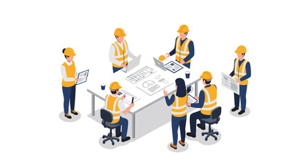 Collaborative meeting of engineers and architects in isometric style