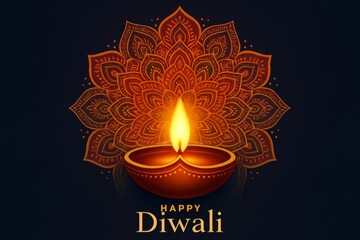Fototapeta premium Diwali vector illustration showing glowing mandala design in warm orange red yellow tones bright clay diya flame in front, high contrast navy background, minimal layout, festive luxury stock style