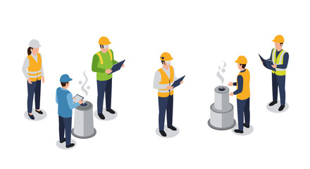Industrial team meeting in isometric style with safety gear and clipboards