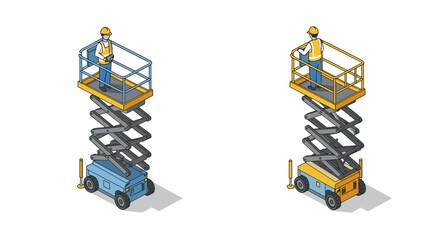 Isometric construction worker on scissor lift platform with safety gear