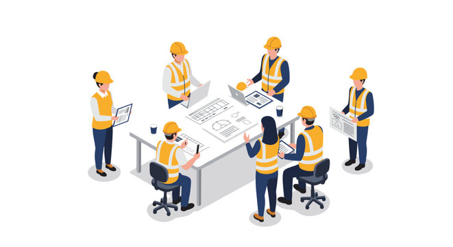 Collaborative meeting of engineers and architects in isometric style - Powered by Adobe
