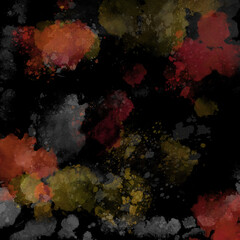 Colorful abstract art with splashes of red, gold, and black on a dark background, showcasing creativity and bold expression in a modern style