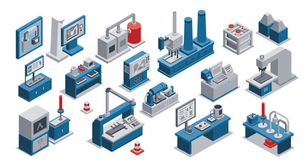 Isometric industrial factory equipment set for modern manufacturing design