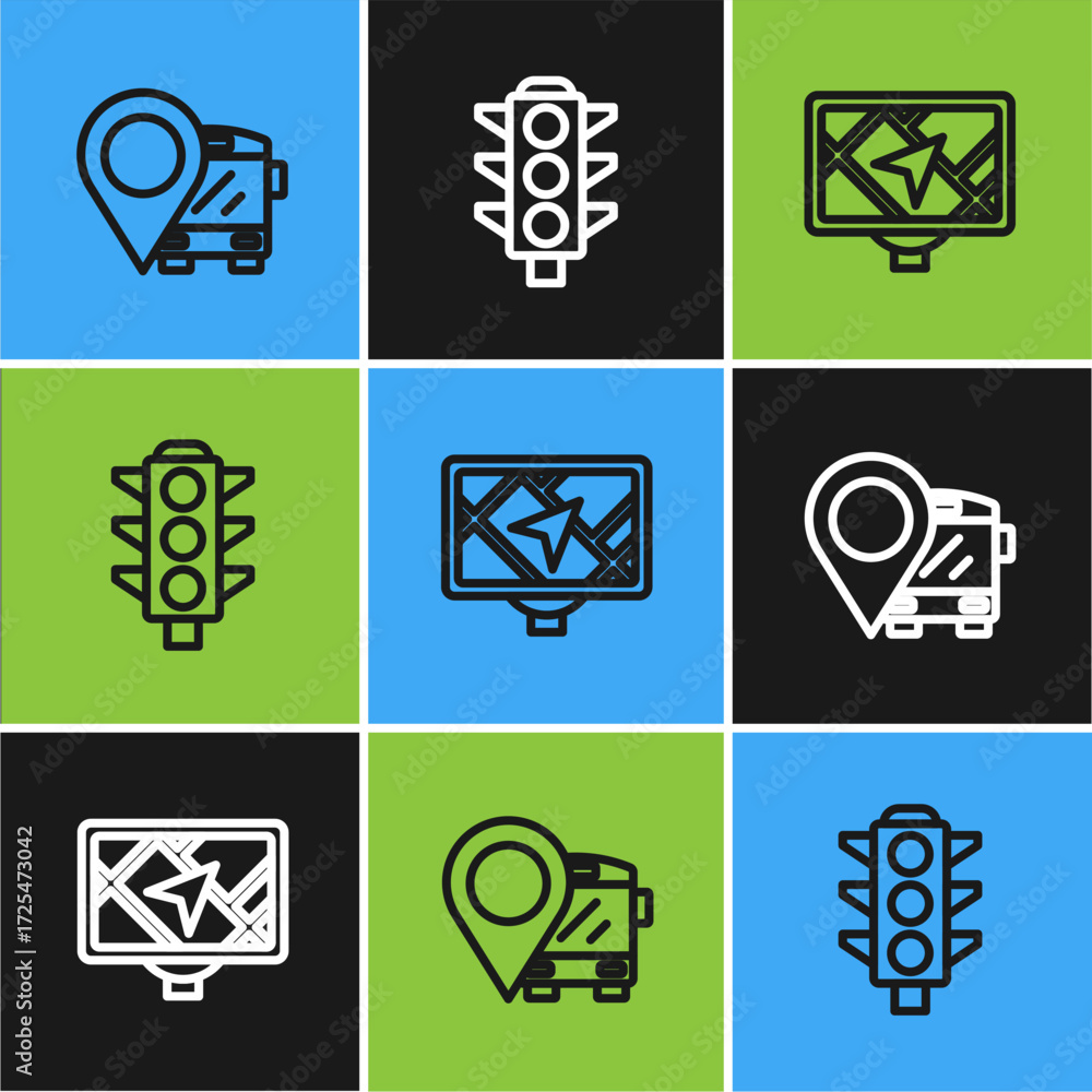 Poster set line location with bus, gps device map and traffic light icon. vector