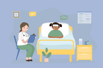 Kid having cold and fever. Sick girl in bed measuring body temperature. Pediatrician or nurse and schoolgirl in medical ward interior. Sick child, illness, treatment.