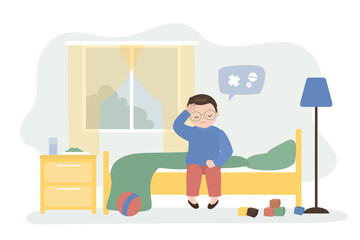 Kid having cold and fever. Sick boy sitting on bed. Tired little schoolboy in room interior. Sick child, illness and treatment