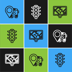 Set line Location with bus, Gps device map and Traffic light icon. Vector