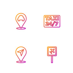 Set line Airport, Location, with taxi and . Gradient color icons. Vector