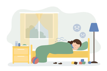 Kid having cold and fever. Sick girl lying in bed. Tired little girl covered in blanket. Sick child sweating from fever. Children illness and treatment.