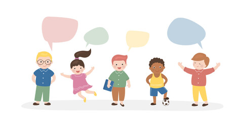 Smiling kids, multi ethnic boys and girls. Children talking and chatting, positive emotions.