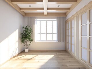 Obraz premium A bright, empty room inside a house after renovations. It has a wooden floor, a window, and white walls with a ceiling. A simple and modern design. 